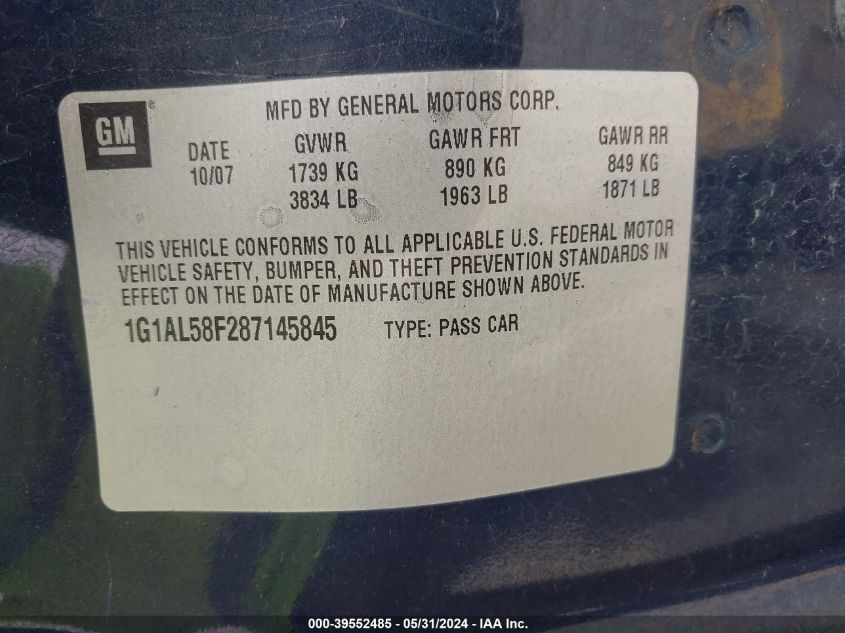 2008 Chevrolet Cobalt Lt VIN: 1G1AL58F287145845 Lot: 39552485