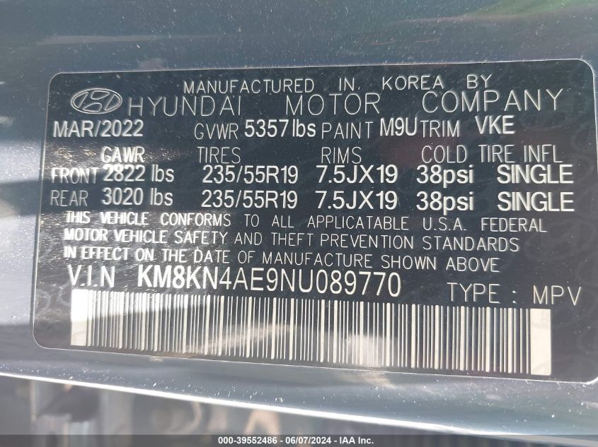 2022 Hyundai Ioniq 5 Sel VIN: KM8KN4AE9NU089770 Lot: 39552486