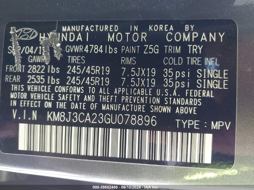 2016 Hyundai Tucson Limited VIN: KM8J3CA23GU078896 Lot: 39552488