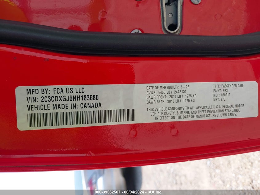 2022 Dodge Charger Scat Pack VIN: 2C3CDXGJ6NH183680 Lot: 39552507
