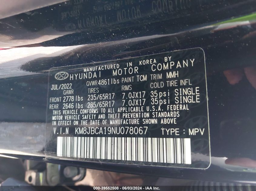 2022 Hyundai Tucson Hybrid Blue VIN: KM8JBCA19NU078067 Lot: 39552508