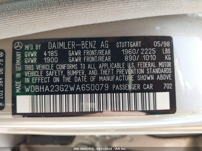 1998 Mercedes-Benz C 230 VIN: WDBHA23G2WA650079 Lot: 39552512