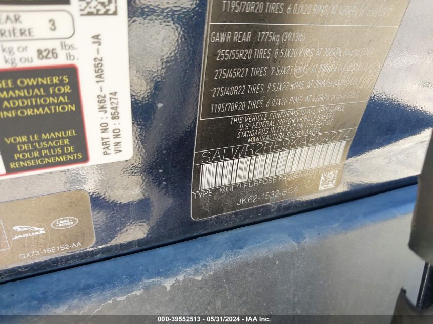 2019 Land Rover Range Rover Sport Supercharged Dynamic VIN: SALWR2RE9KA854274 Lot: 39552513