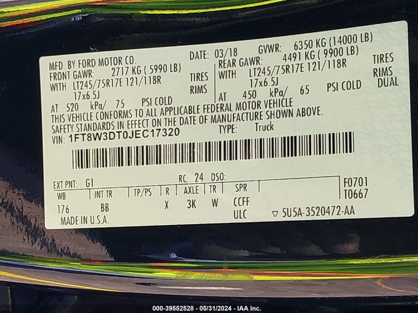 2018 Ford F-350 Platinum VIN: 1FT8W3DT0JEC17320 Lot: 39552528