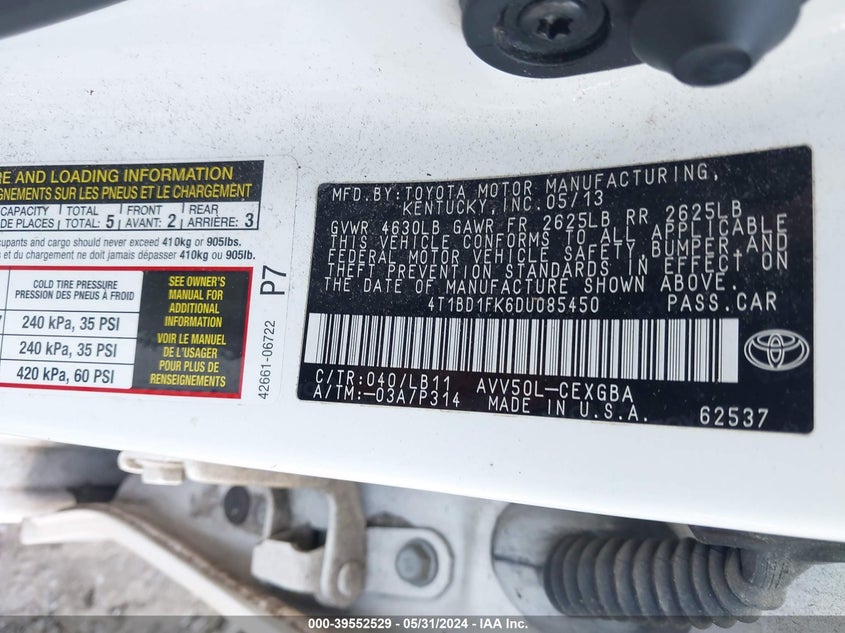 2013 Toyota Camry Hybrid Xle VIN: 4T1BD1FK6DU085450 Lot: 39552529