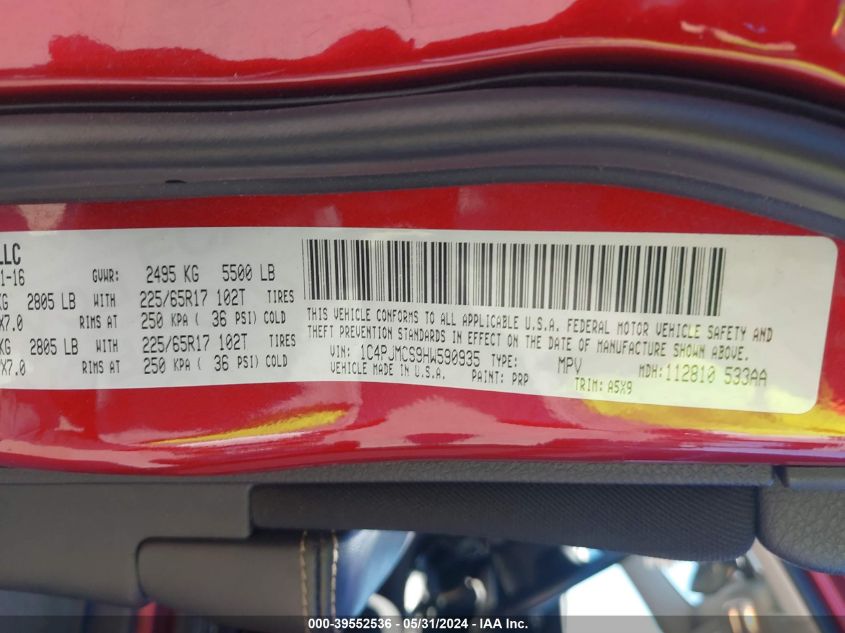 2017 Jeep Cherokee Latitude 4X4 VIN: 1C4PJMCS9HW590935 Lot: 39552536