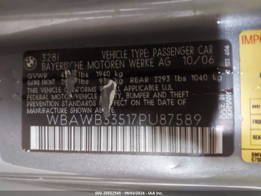 2007 BMW 328I VIN: WBAWB33517PU87589 Lot: 39552545