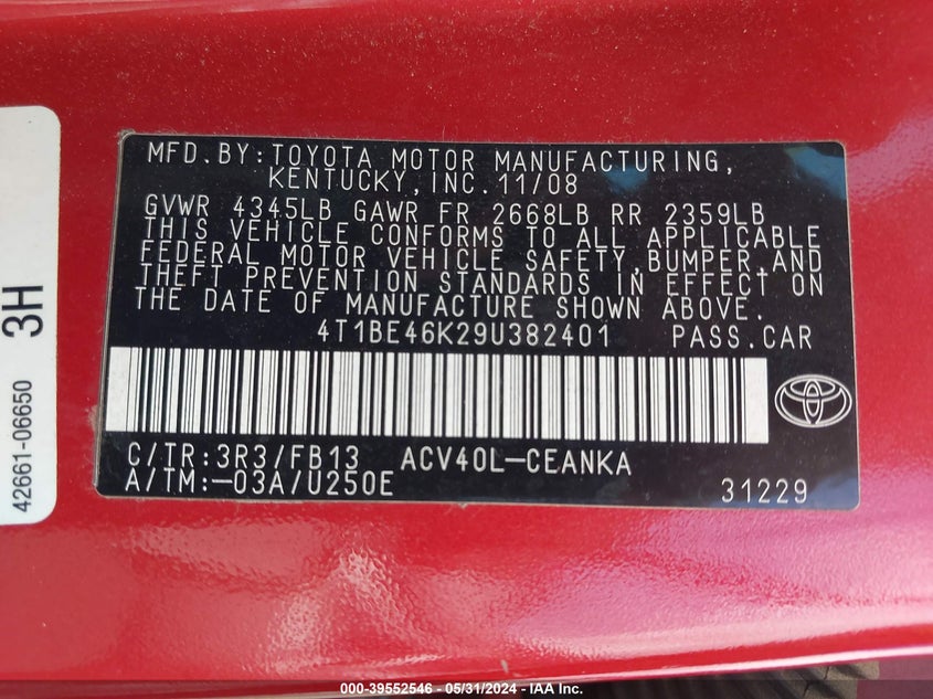 2009 Toyota Camry Le VIN: 4T1BE46K29U382401 Lot: 39552546