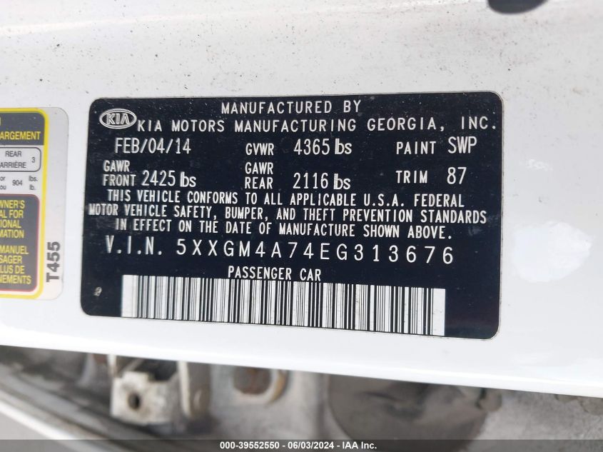 2014 Kia Optima Lx VIN: 5XXGM4A74EG313676 Lot: 39552550