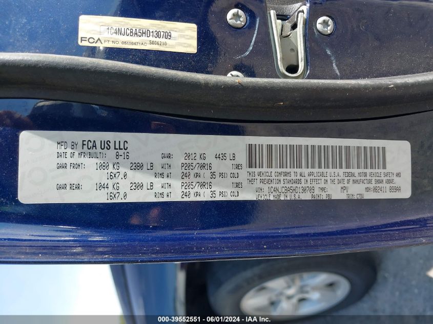 2017 Jeep Compass Sport Fwd VIN: 1C4NJCBA5HD130709 Lot: 39552551