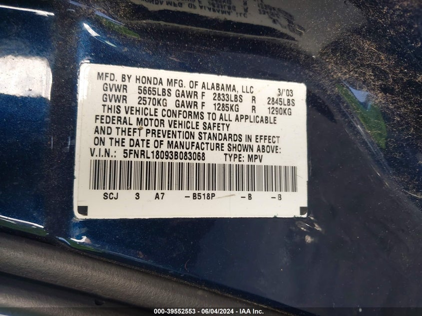 2003 Honda Odyssey Ex-L VIN: 5FNRL18093B083068 Lot: 39552553