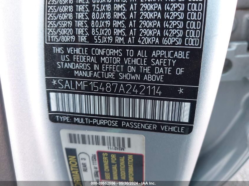 2007 Land Rover Range Rover Hse VIN: SALMF15487A242114 Lot: 39552556