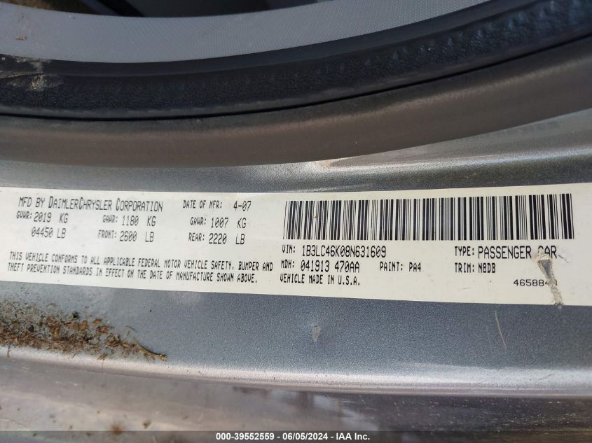 2008 Dodge Avenger Se VIN: 1B3LC46K08N631609 Lot: 39552559