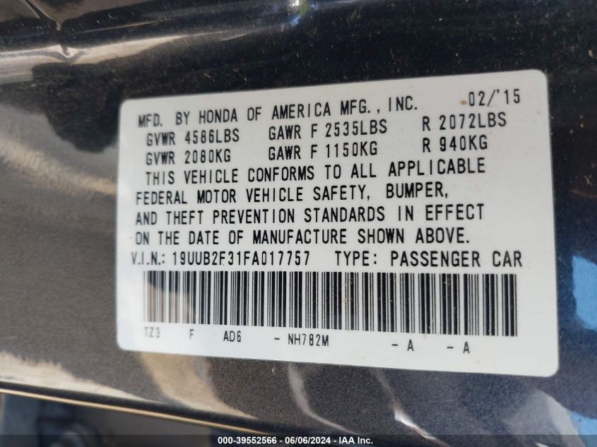 2015 Acura Tlx V6 VIN: 19UUB2F31FA017757 Lot: 39552566