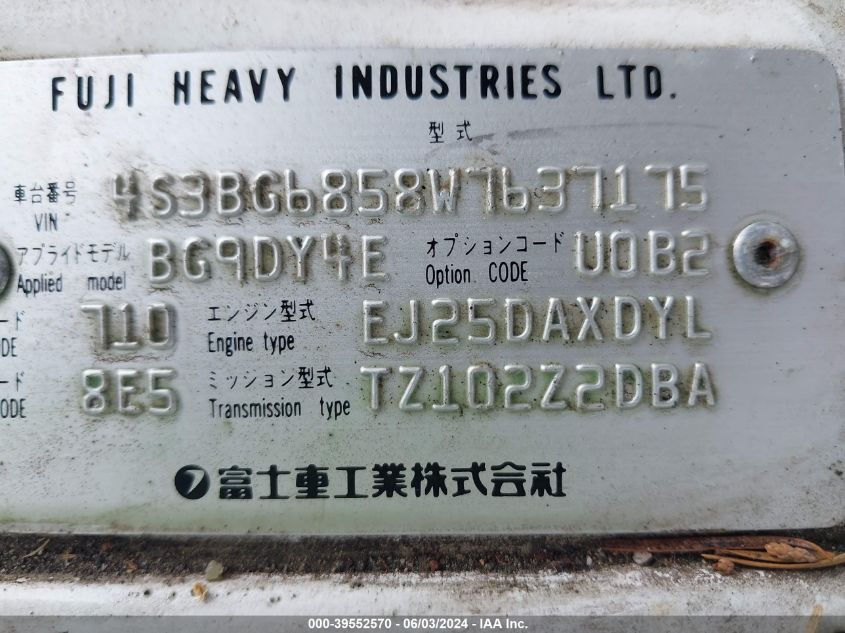 1998 Subaru Legacy Outback/Outback Limited/Outback Sport VIN: 4S3BG6858W7637175 Lot: 39552570