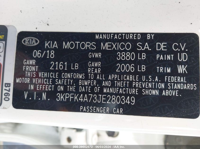 2018 Kia Forte Lx VIN: 3KPFK4A73JE280349 Lot: 39552572