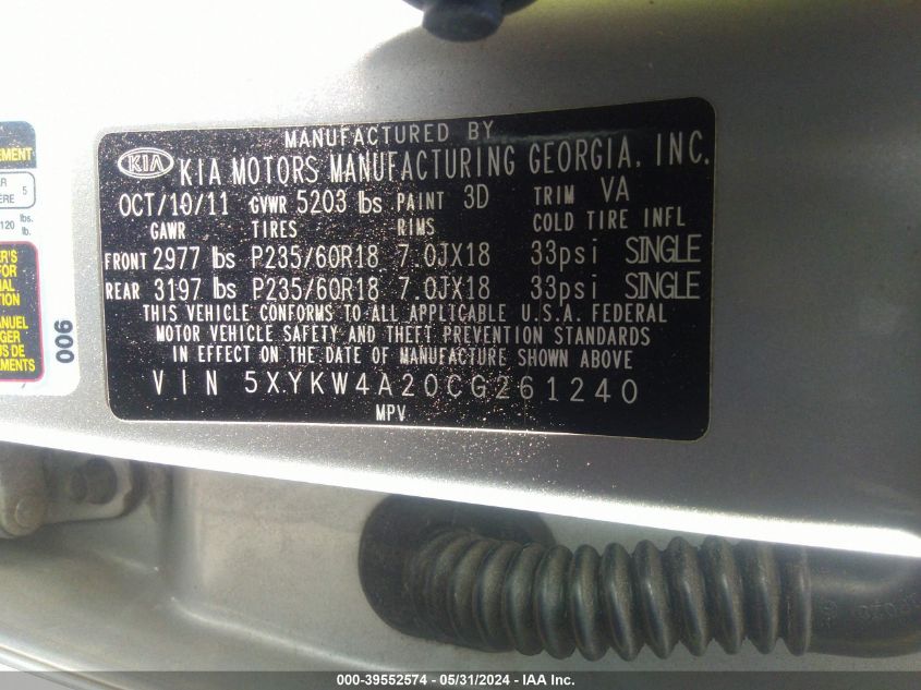 2012 Kia Sorento Sx V6 VIN: 5XYKW4A20CG261240 Lot: 39552574