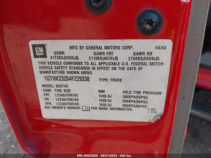 2004 GMC Sierra 2500Hd Slt VIN: 1GTHK23264F229338 Lot: 39552585
