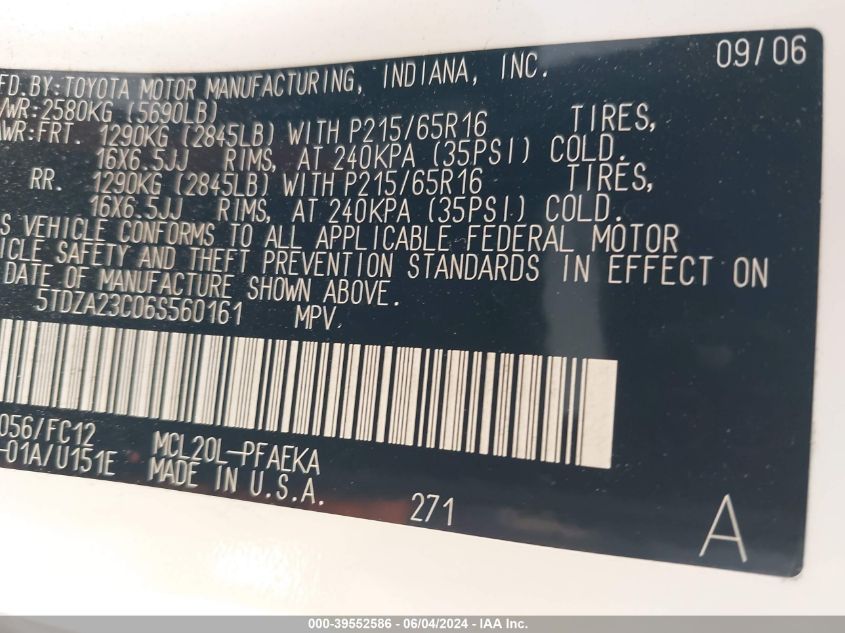 2006 Toyota Sienna Le VIN: 5TDZA23C06S560161 Lot: 39552586