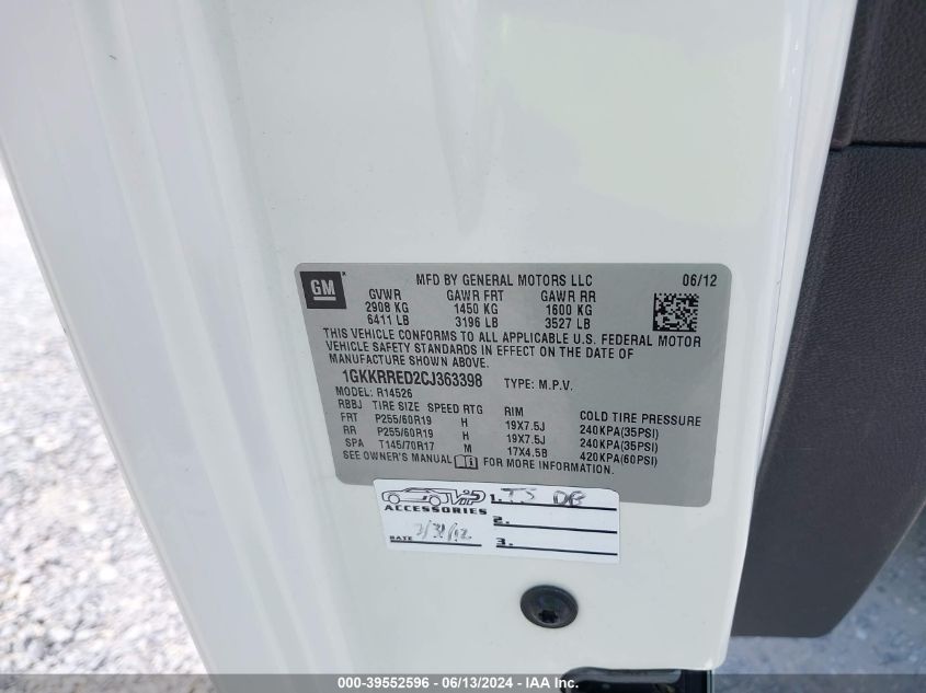 2012 GMC Acadia Slt-1 VIN: 1GKKRRED2CJ363398 Lot: 39552596