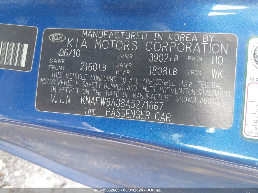 2010 Kia Forte Koup Sx VIN: KNAFW6A38A5271667 Lot: 39552600