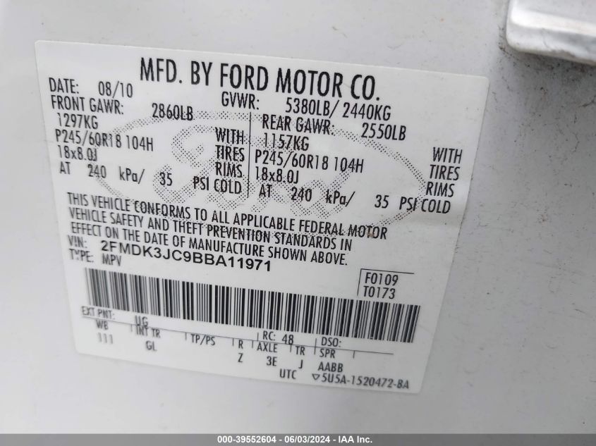 2011 Ford Edge Sel VIN: 2FMDK3JC9BBA11971 Lot: 39552604