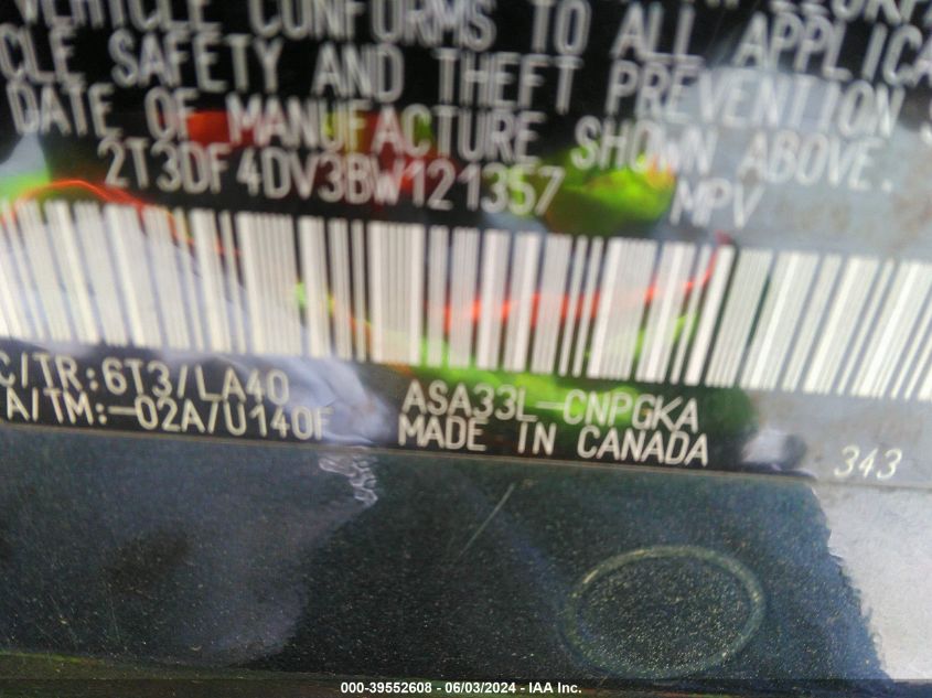 2011 Toyota Rav4 Limited VIN: 2T3DF4DV3BW121357 Lot: 39552608