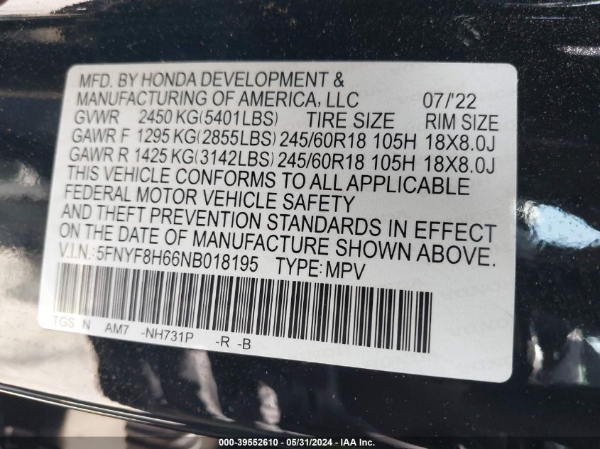 2022 Honda Passport Awd Trailsport VIN: 5FNYF8H66NB018195 Lot: 39552610