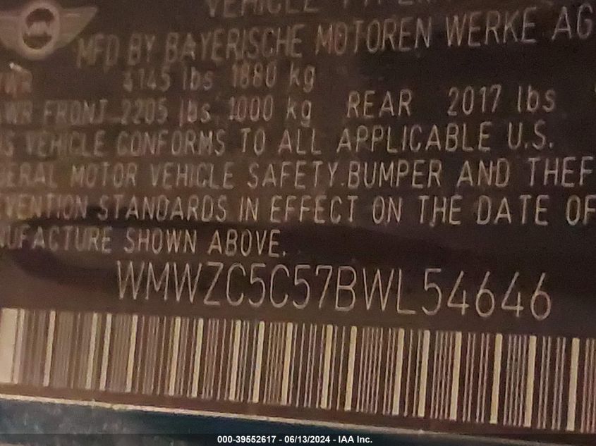 2011 Mini Cooper S Countryman VIN: WMWZC5C57BWL54646 Lot: 39552617