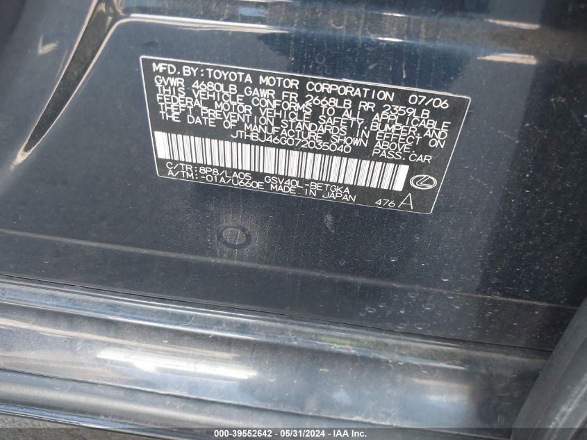 2007 Lexus Es 350 VIN: JTHBJ46G072035040 Lot: 39552642