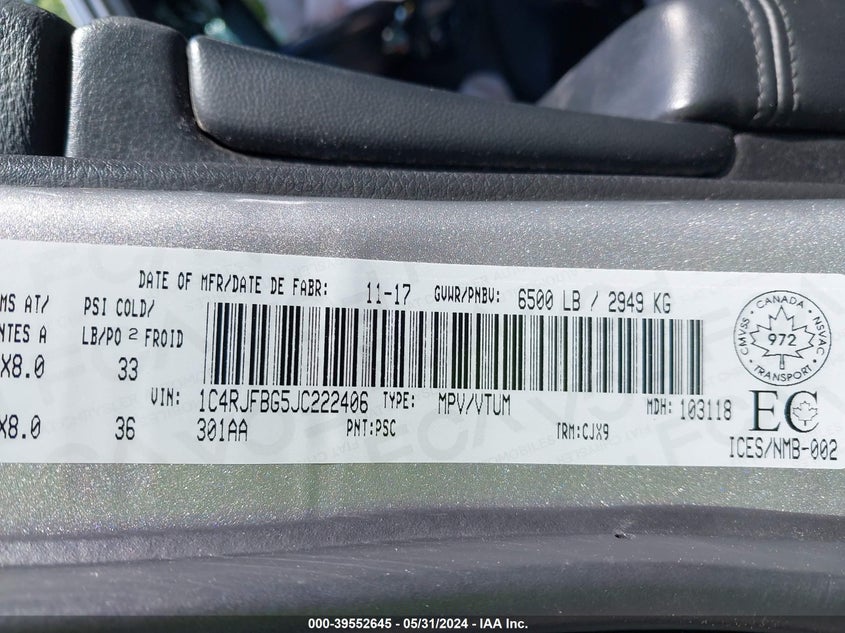 VIN 1C4RJFBG5JC222406 2018 JEEP GRAND CHEROKEE LIMITED