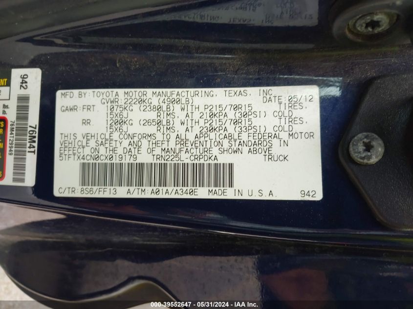2012 Toyota Tacoma VIN: 5TFTX4CN0CX019179 Lot: 39552647