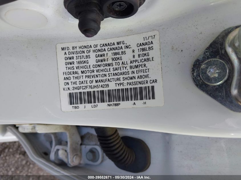 2018 Honda Civic Ex VIN: 2HGFC2F76JH514239 Lot: 39552671