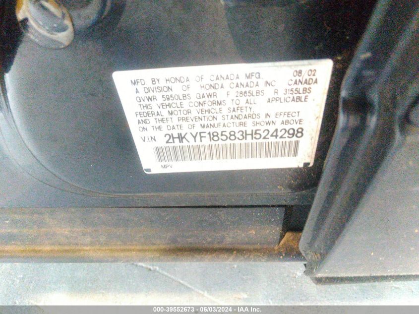 2003 Honda Pilot Ex-L VIN: 2HKYF18583H524298 Lot: 39552673