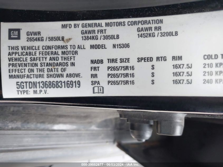 2006 Hummer H3 Suv VIN: 5GTDN136868316919 Lot: 39552677