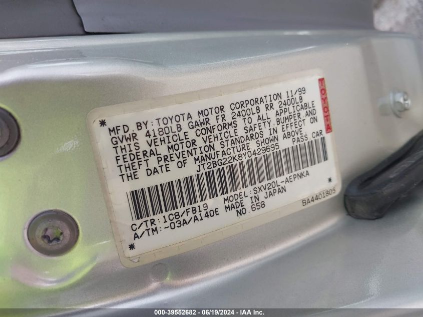 2000 Toyota Camry Le VIN: JT2BG22K8Y0429695 Lot: 39552682