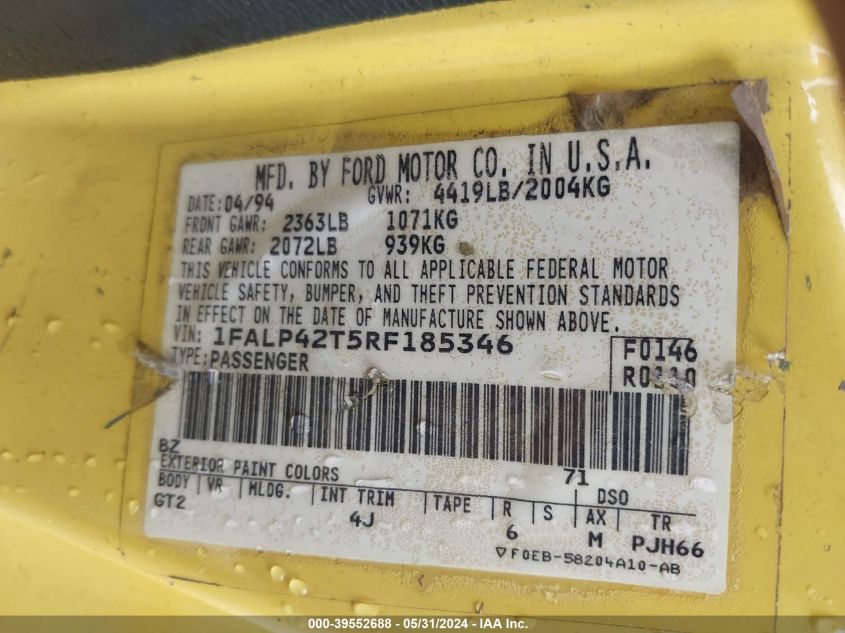 1994 Ford Mustang Gt VIN: 1FALP42T5RF185346 Lot: 39552688