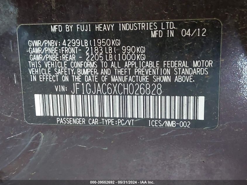 2012 Subaru Impreza Premium VIN: JF1GJAC6XCH026828 Lot: 39552692