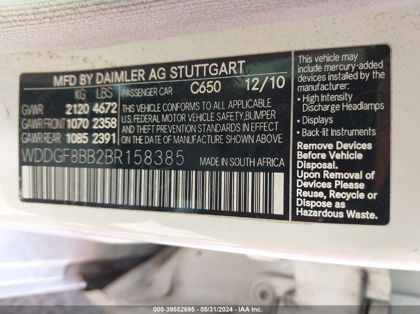 2011 Mercedes-Benz C 300 Luxury 4Matic/Sport 4Matic VIN: WDDGF8BB2BR158385 Lot: 39552695