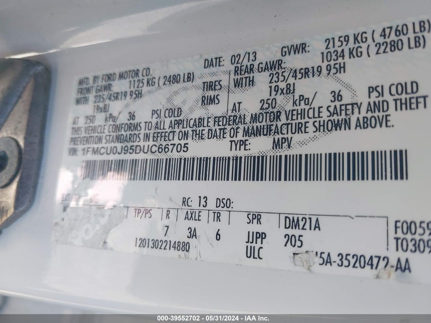 2013 Ford Escape Titanium VIN: 1FMCU0J95DUC66705 Lot: 39552702