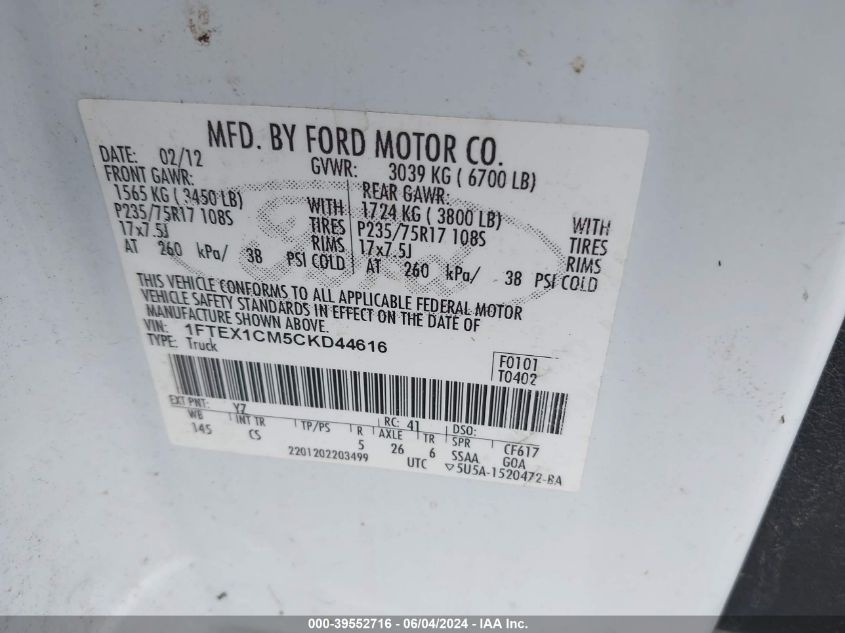 2012 Ford F-150 Xl VIN: 1FTEX1CM5CKD44616 Lot: 39552716