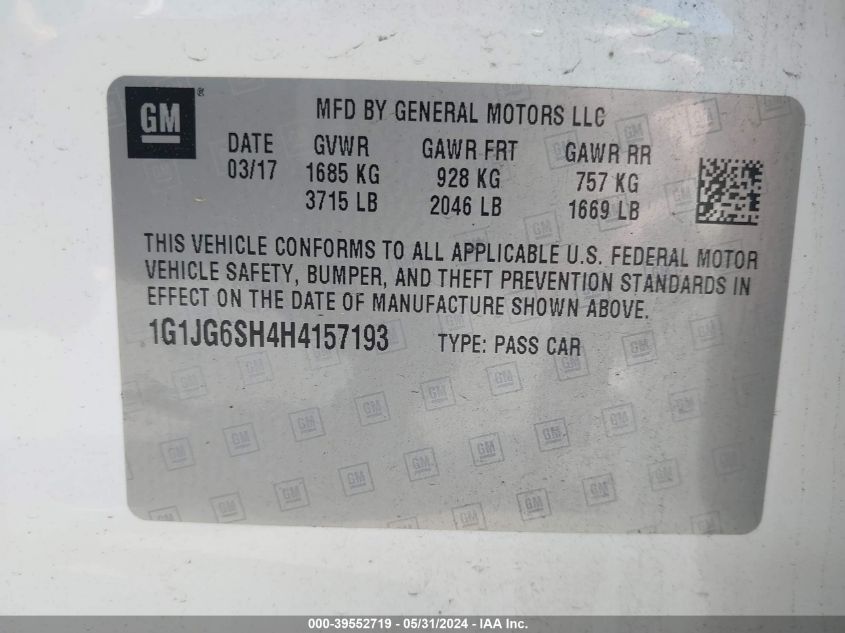 2017 Chevrolet Sonic Lt Auto VIN: 1G1JG6SH4H4157193 Lot: 39552719