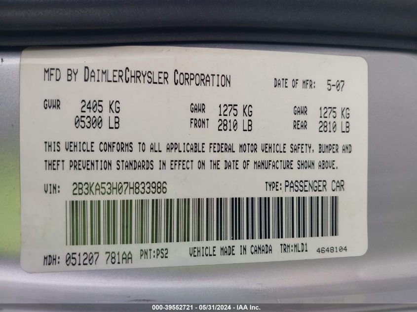 2007 Dodge Charger Rt VIN: 2B3KA53H07H833986 Lot: 39552721