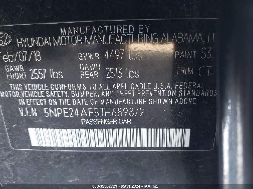 2018 Hyundai Sonata Se VIN: 5NPE24AF5JH689872 Lot: 39552729
