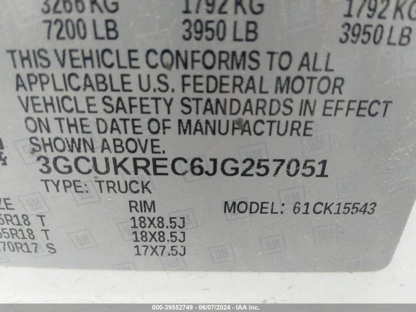 2018 Chevrolet Silverado 1500 2Lt VIN: 3GCUKREC6JG257051 Lot: 39552749