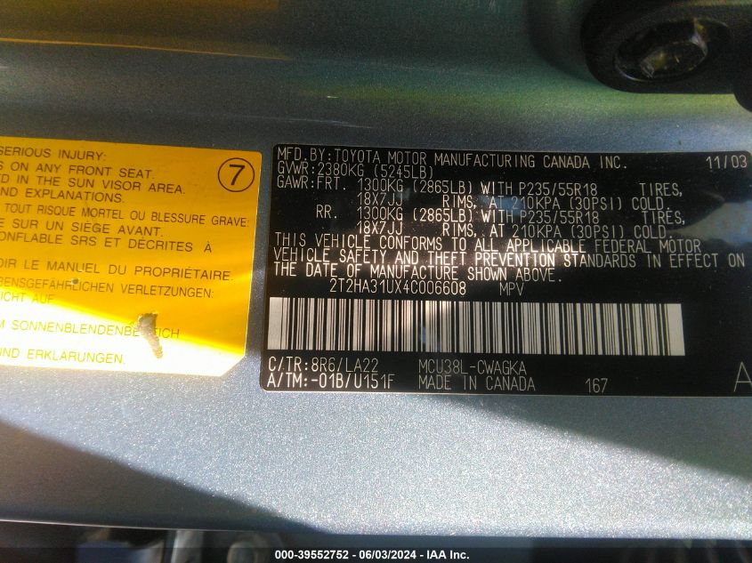 2004 Lexus Rx 330 VIN: 2T2HA31UX4C006608 Lot: 39552752