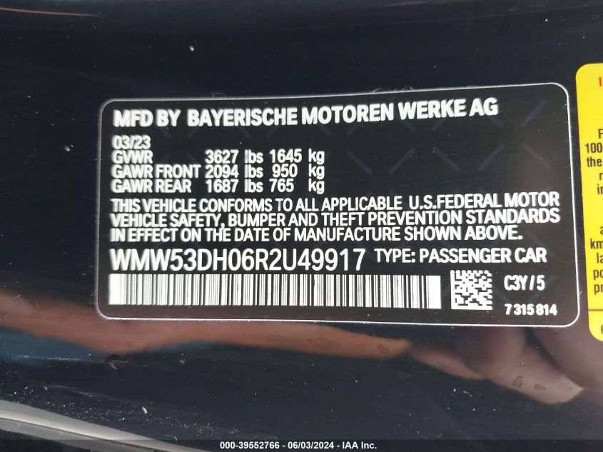 2024 Mini Hardtop Cooper S VIN: WMW53DH06R2U49917 Lot: 39552766