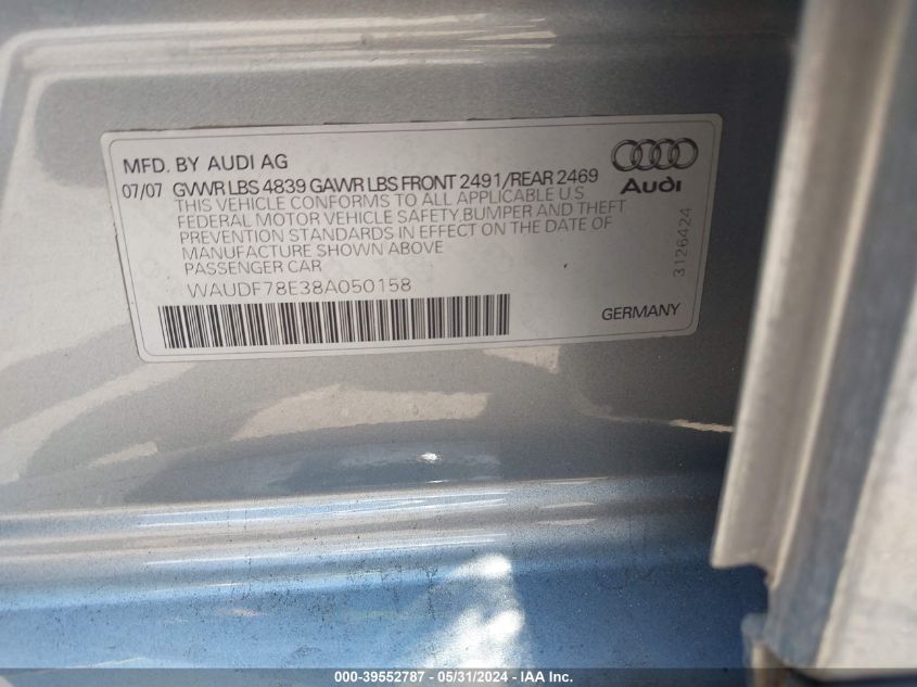 2008 Audi A4 2.0T Quattro VIN: WAUDF78E38A050158 Lot: 39552787