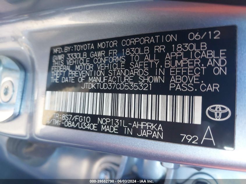 2012 Toyota Yaris VIN: JTDKTUD37CD535321 Lot: 39552798