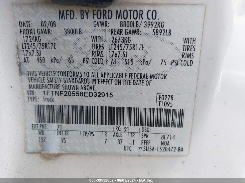 2008 Ford F-250 Xl/Xlt VIN: 1FTNF20558ED32915 Lot: 39552802